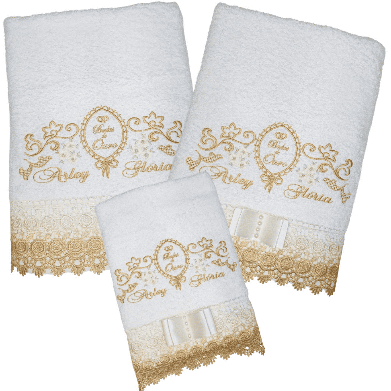 Jogo de Toalhas Banhão Personalizado Bodas de Ouro Kit 3 Peças
