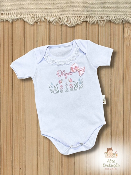 Body Manga Curta Personalizado – Bordado Flores e Borboletas