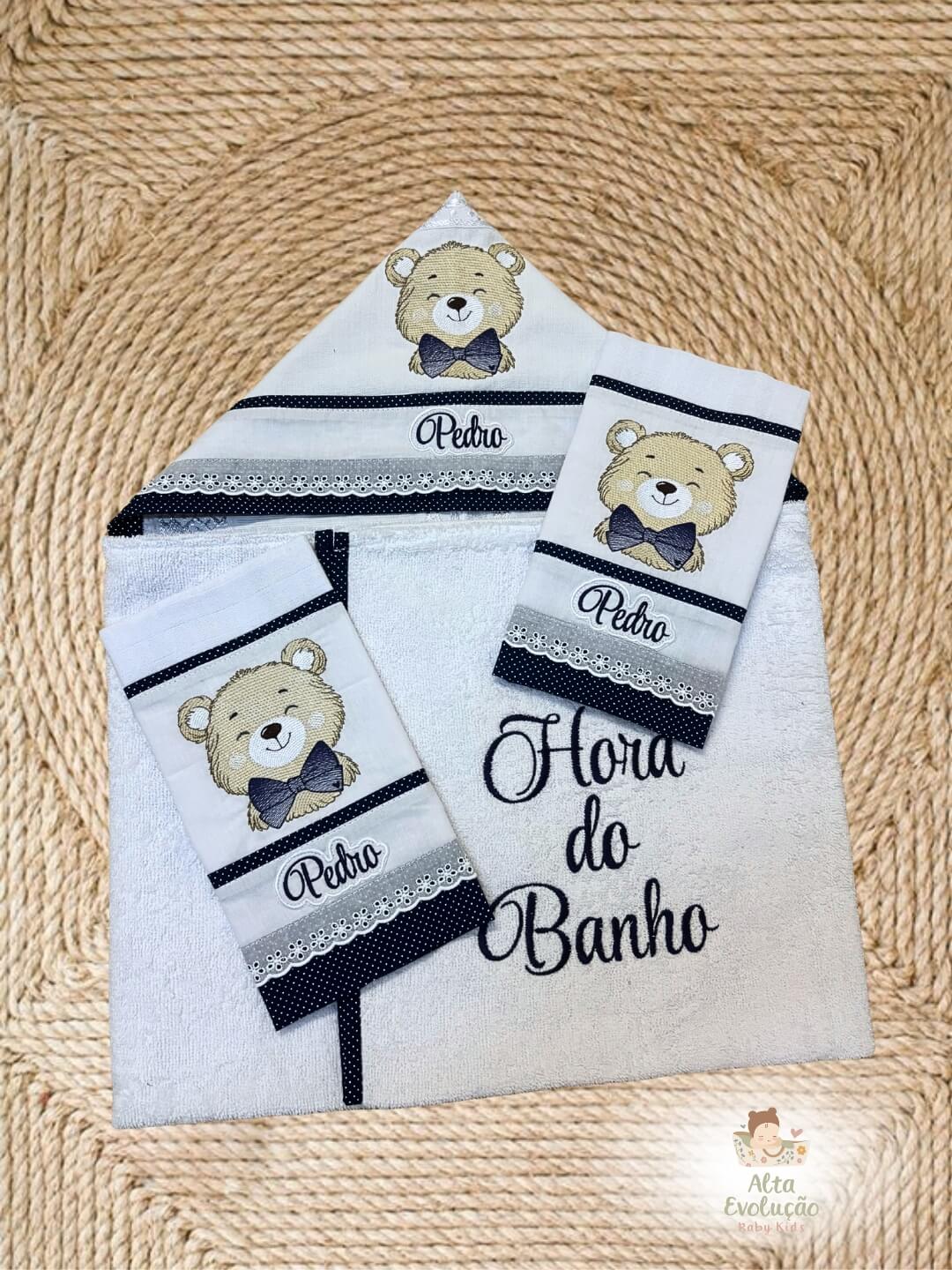 Kit Toalha Capuz 2 Fraldas Boca Urso Marinho