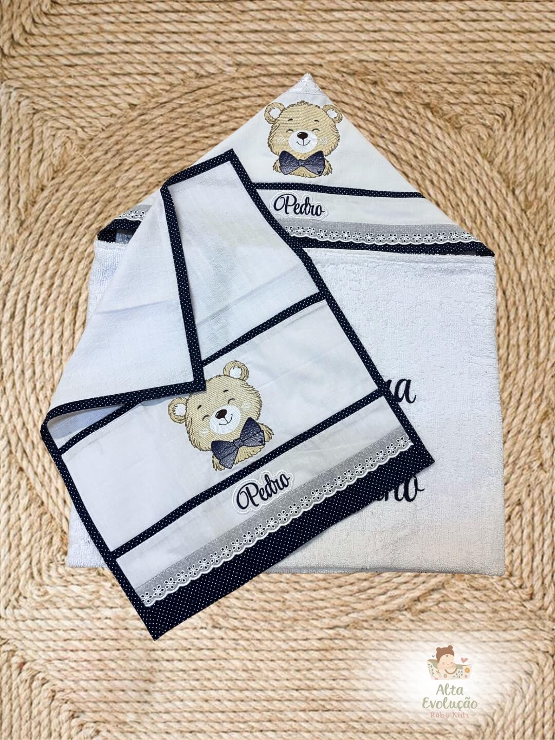 Kit Toalha Capuz 2 Fraldas Boca Urso Marinho - Imagem 2