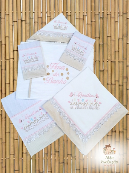 Kit Enxoval Menina – Bordado Canteiro de Tulipas e Borboletas