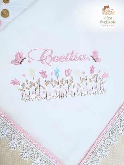 Kit Enxoval Menina – Bordado Canteiro de Tulipas e Borboletas - Imagem 2