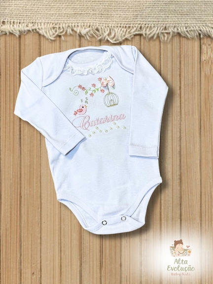 Body Manga Longa Personalizado – Bordado Passarinho e Gaiola